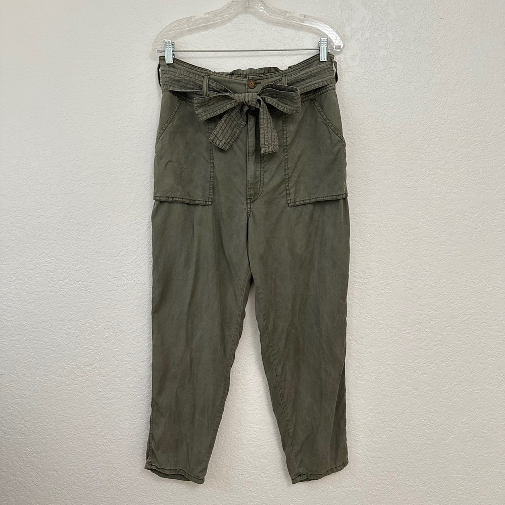 Abercrombie & Fitch Paperbag Pants Women L Olive Green Lyocell Tie Waist Tapered